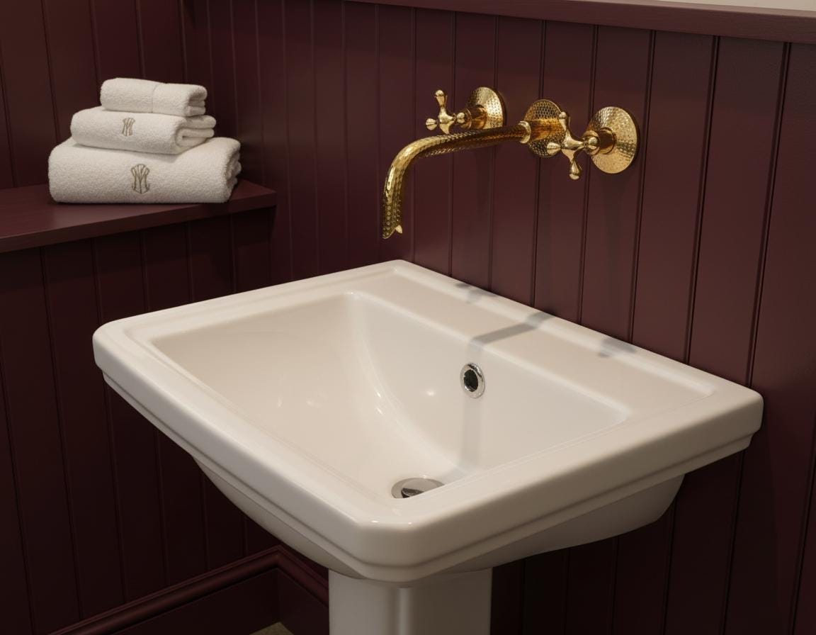 White pedestal sink with gold faucet against a dark wooden wall