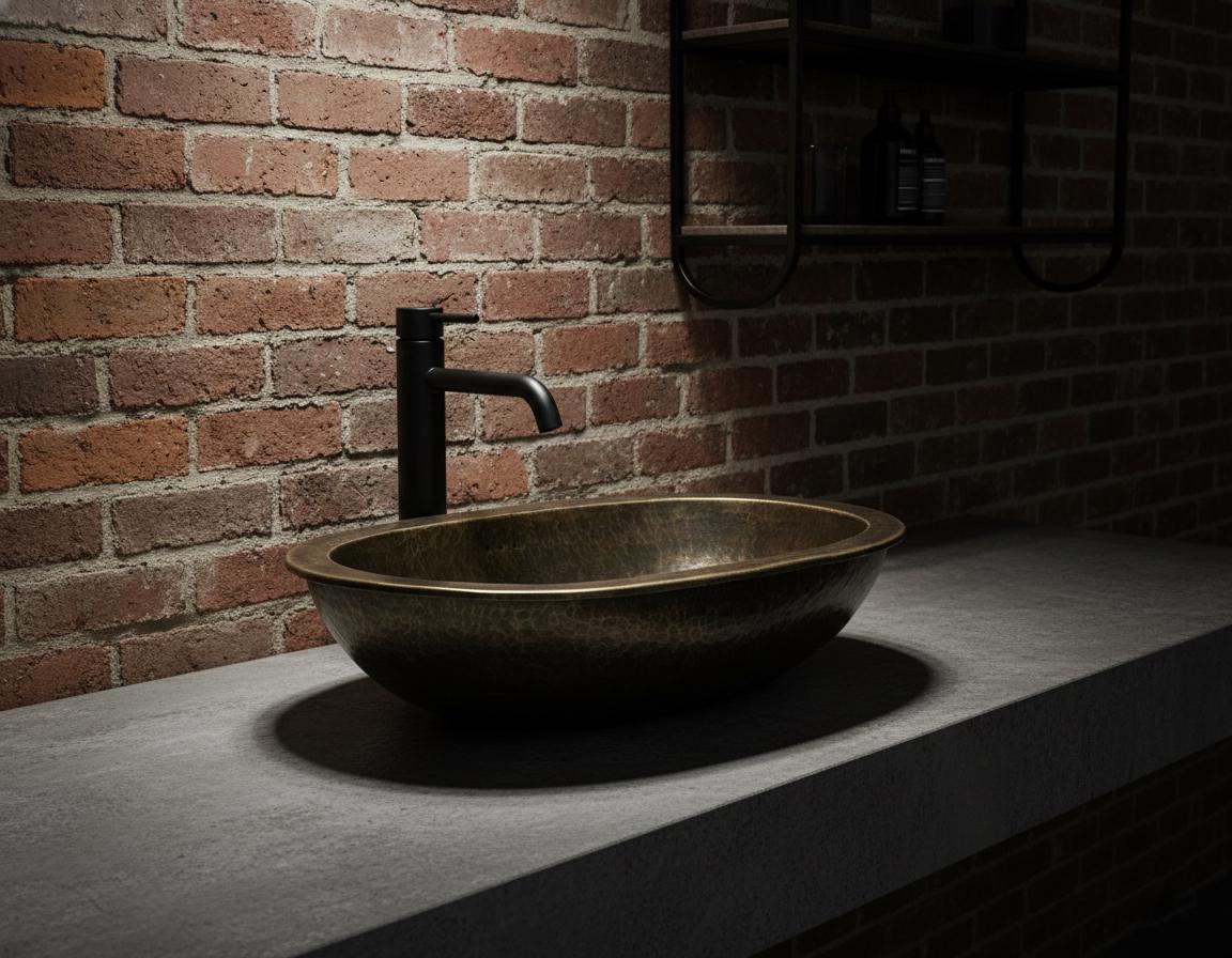Bronze sink with black faucet against a brick wall