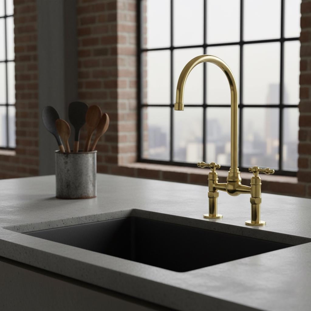 Modern kitchen with a gold faucet and black sink against a brick wall.