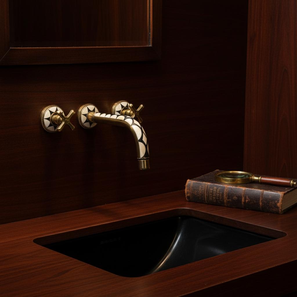 Vintage-style faucet on a wooden wall with a book and magnifying glass on a counter.