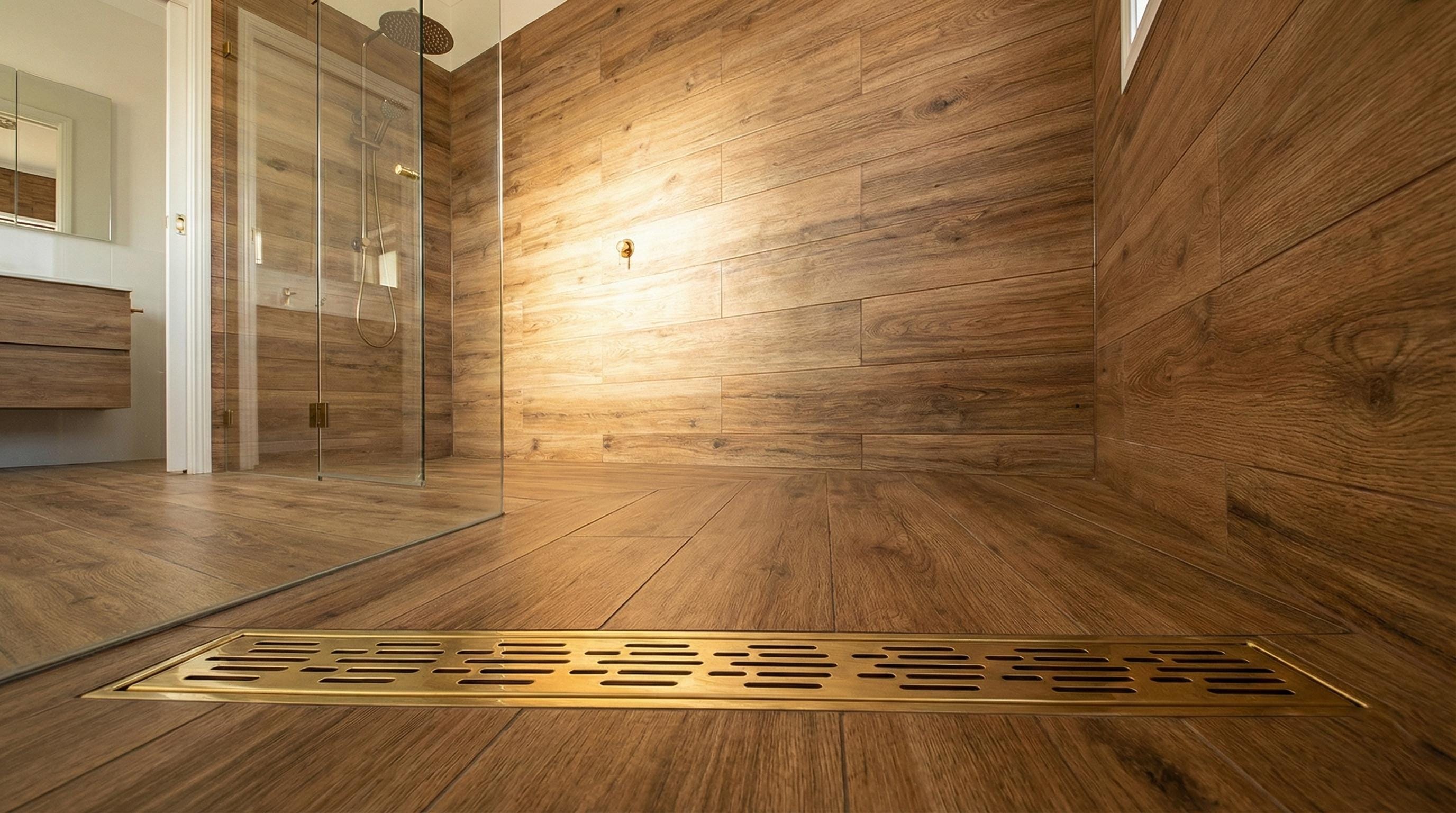 Wooden bathroom with a shower area and floor drain cover.