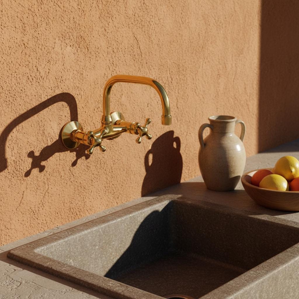 Gold faucet on a stone sink with a bowl of fruit and a vase against a peach-colored wall.