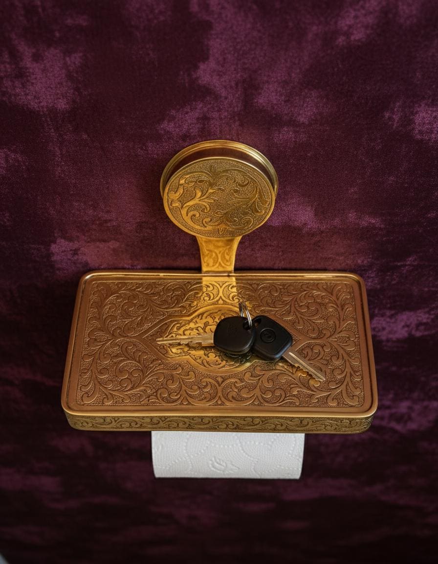 Decorative gold box with keys on a purple background