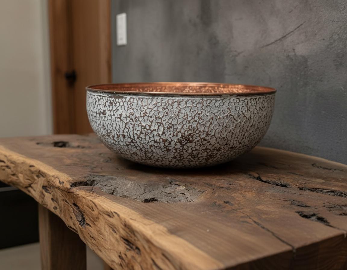 Decorative ceramic bowl on a wooden surface with a textured wall in the background