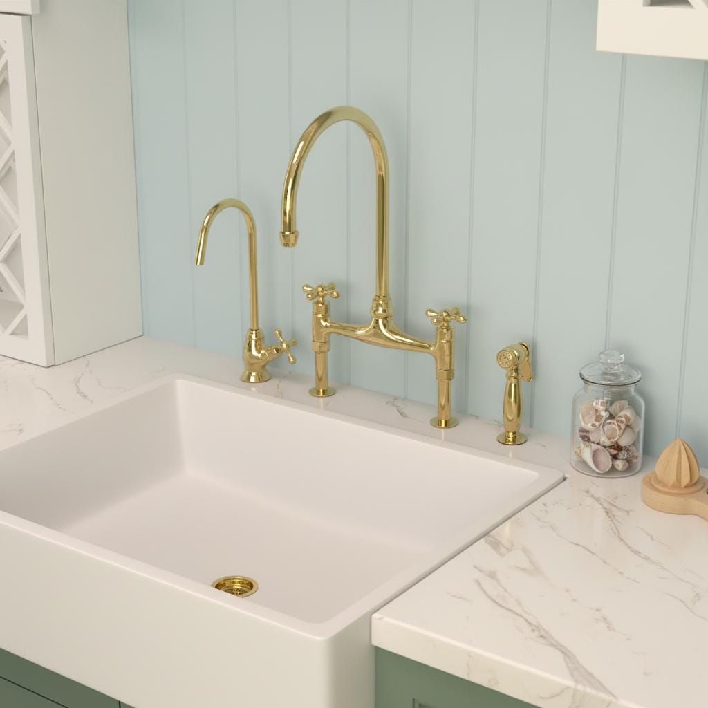 Gold kitchen faucet and handles on a white sink with a light blue wall in the background.