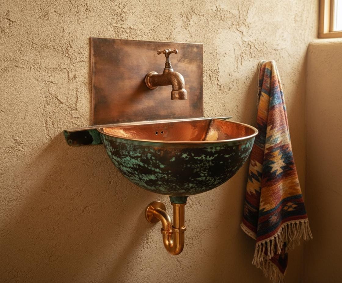 Copper sink with faucet mounted on a textured wall, next to a colorful towel.