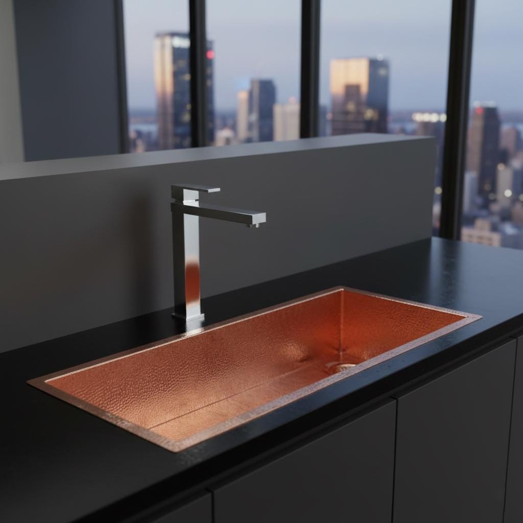 Copper kitchen sink with modern faucet in a room with cityscape view