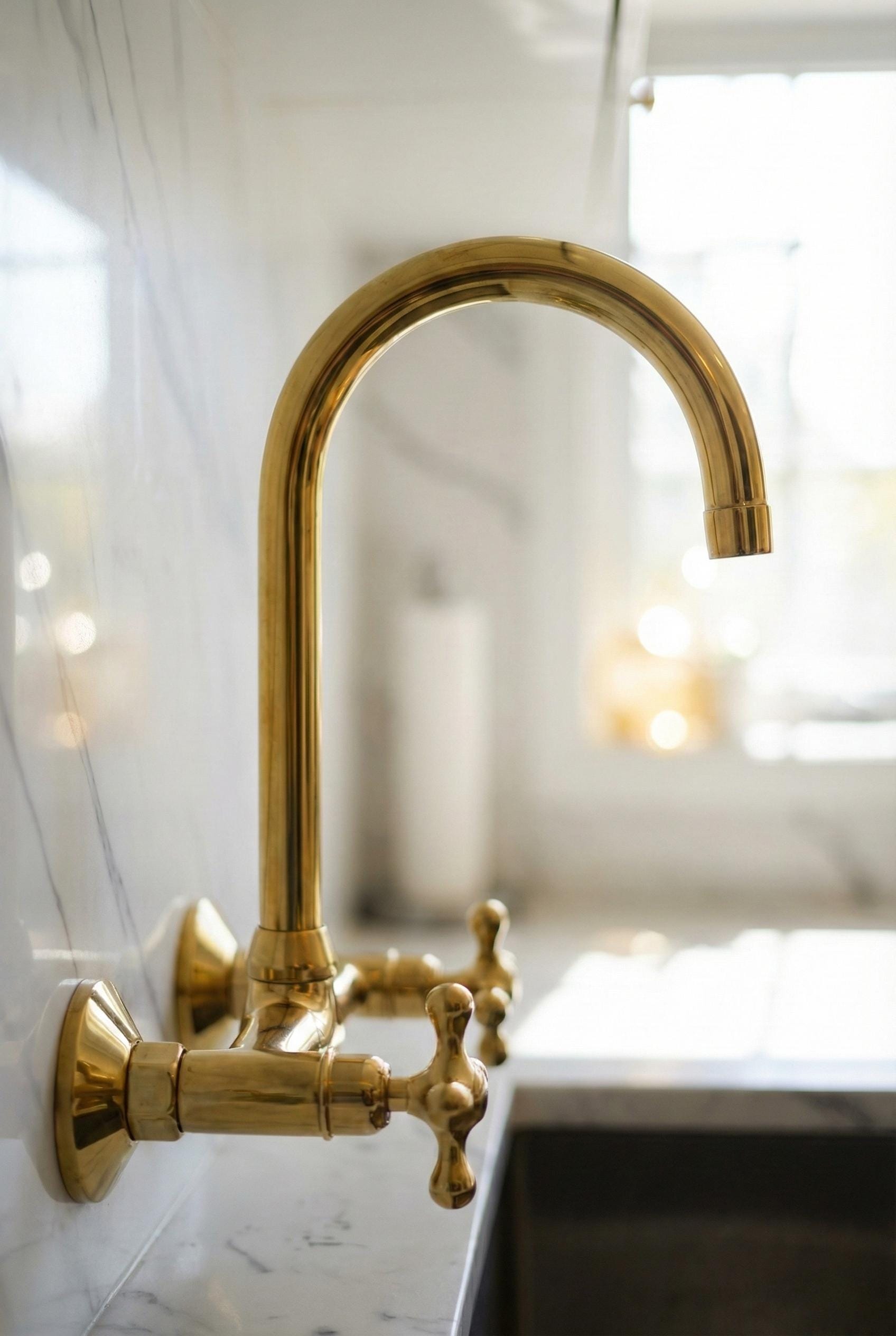 Gold faucet mounted on a white tiled wall with a blurred background