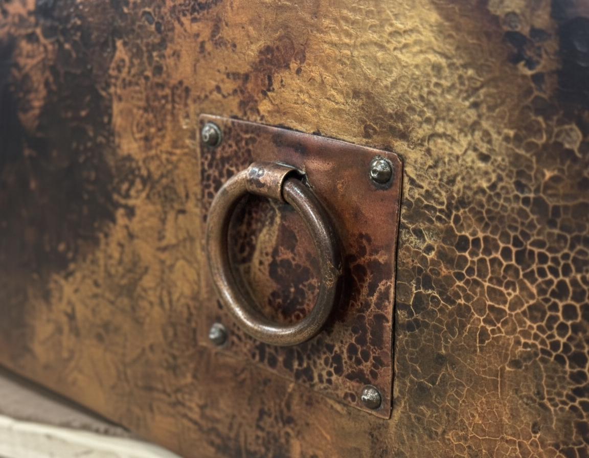 Close-up of a rusty metal ring handle on a textured surface
