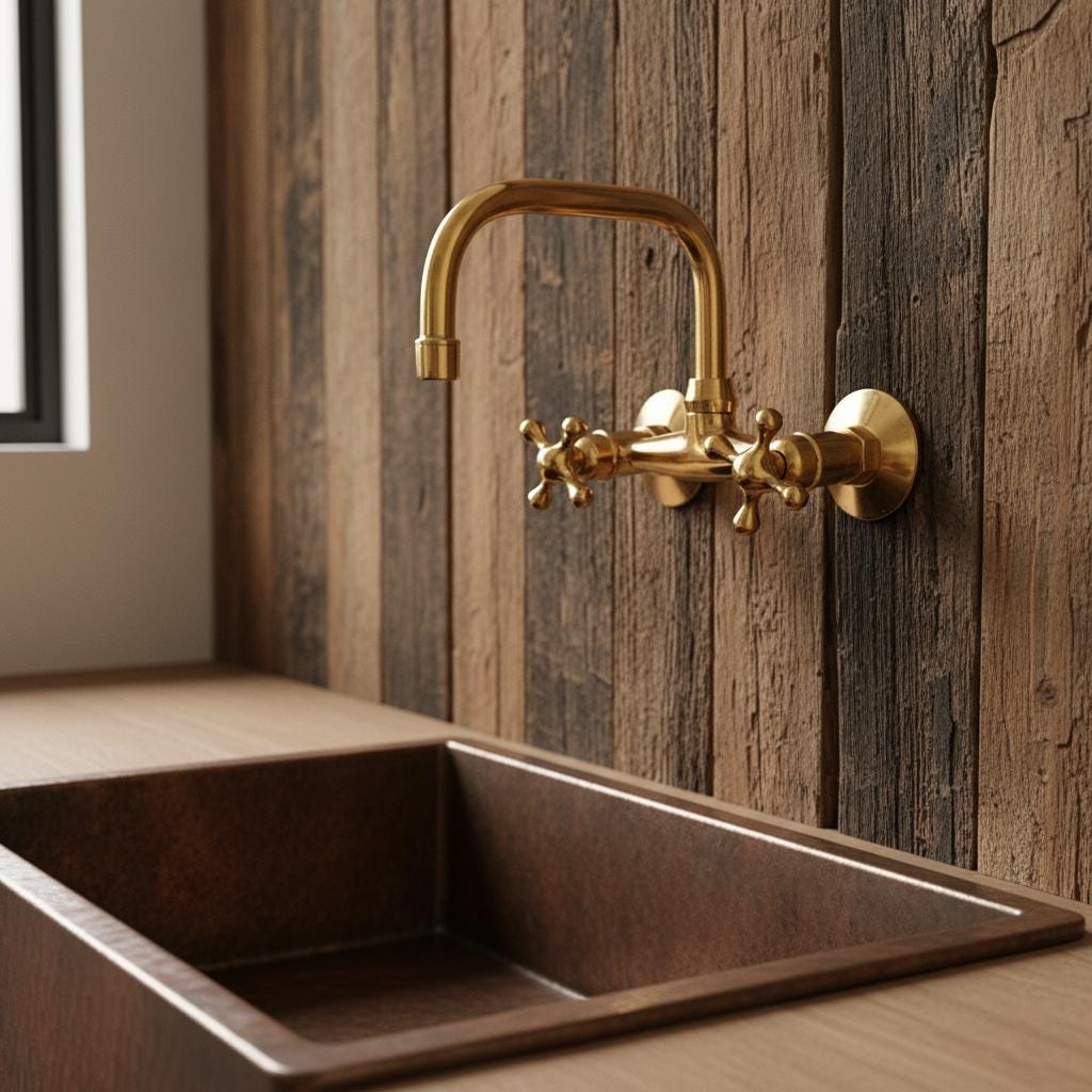 Gold faucet on a wooden wall with a copper sink below