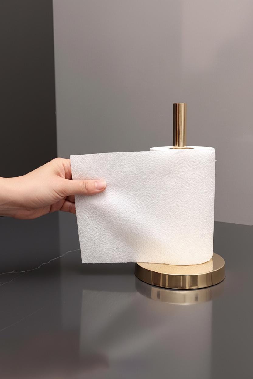 Hand reaching for a roll of paper towel on a gold holder against a gray background