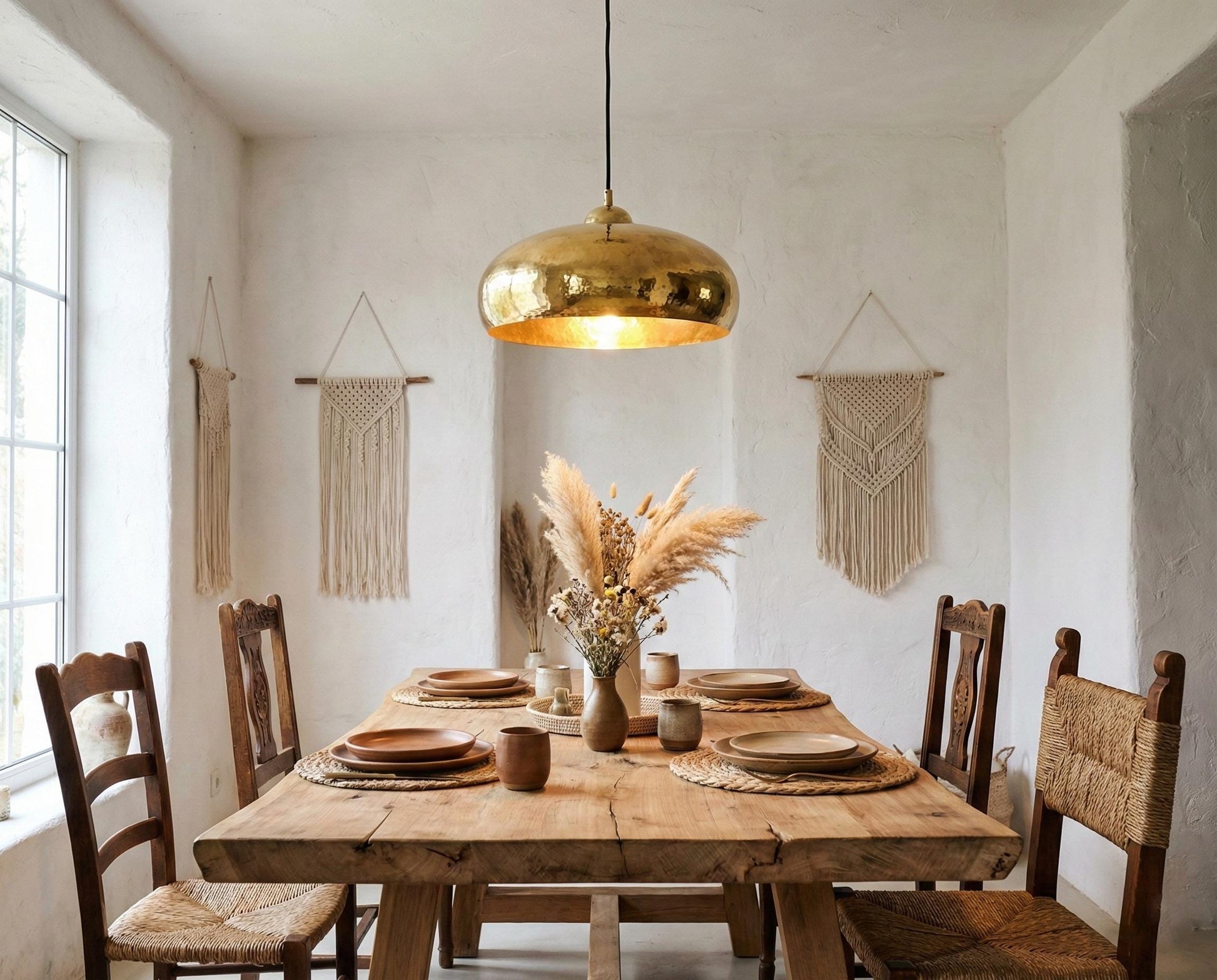 Dining room with wooden table, chairs, and decorative elements.