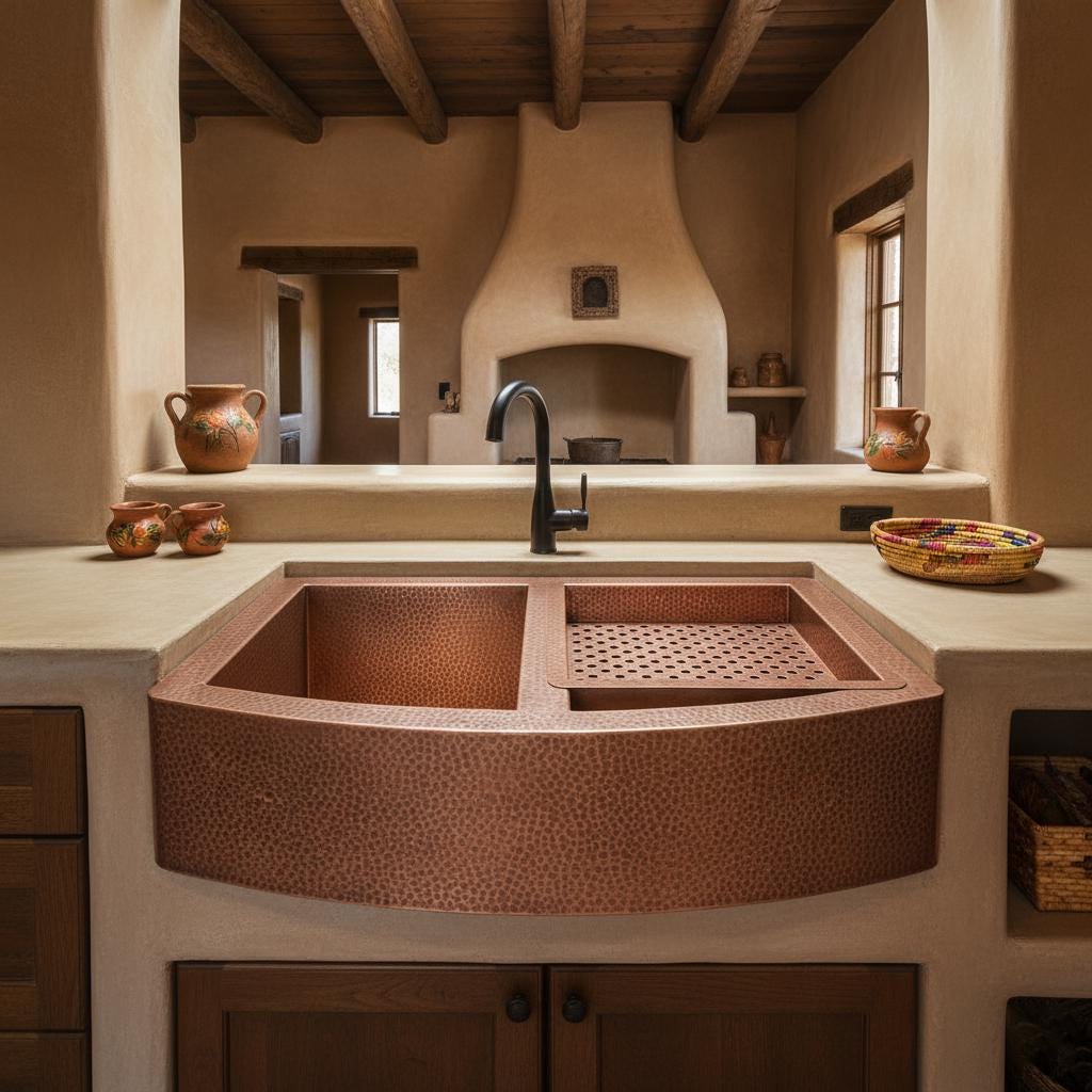Copper farmhouse sink in a rustic kitchen with wooden beams and stone walls.