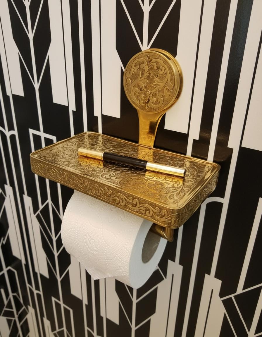 Decorative gold toilet paper holder with a roll of toilet paper against a black and white patterned wall.