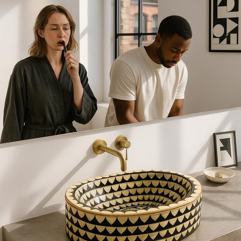 Artisan oval brass vessel sink with black, bone & resin inlay. Handcrafted for luxury bathrooms, spas, and designer vanities. Includes brass drain.

