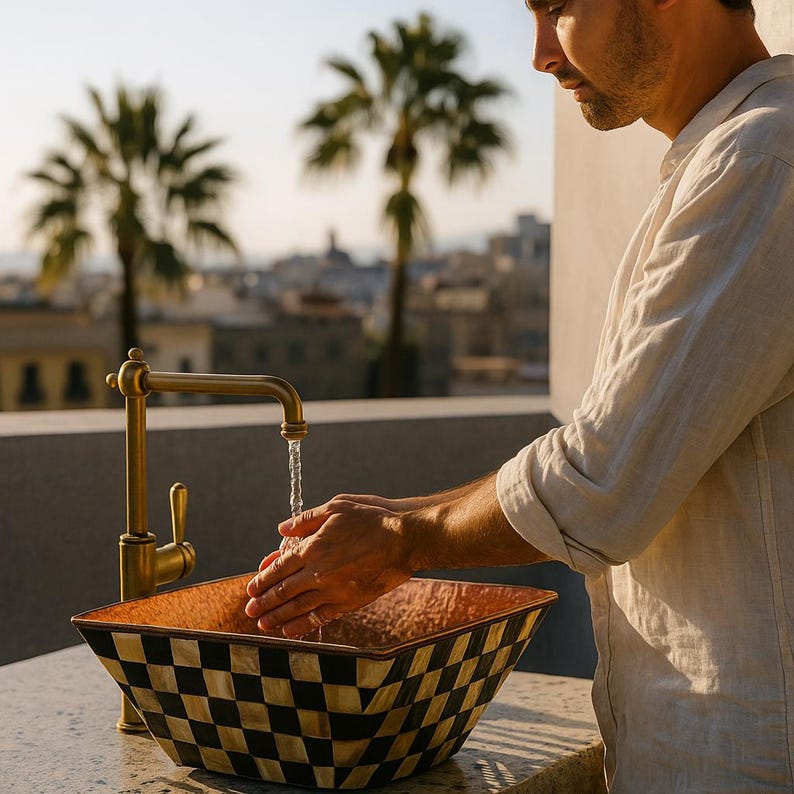 Drop-in oval vanity sink with polished brass rim