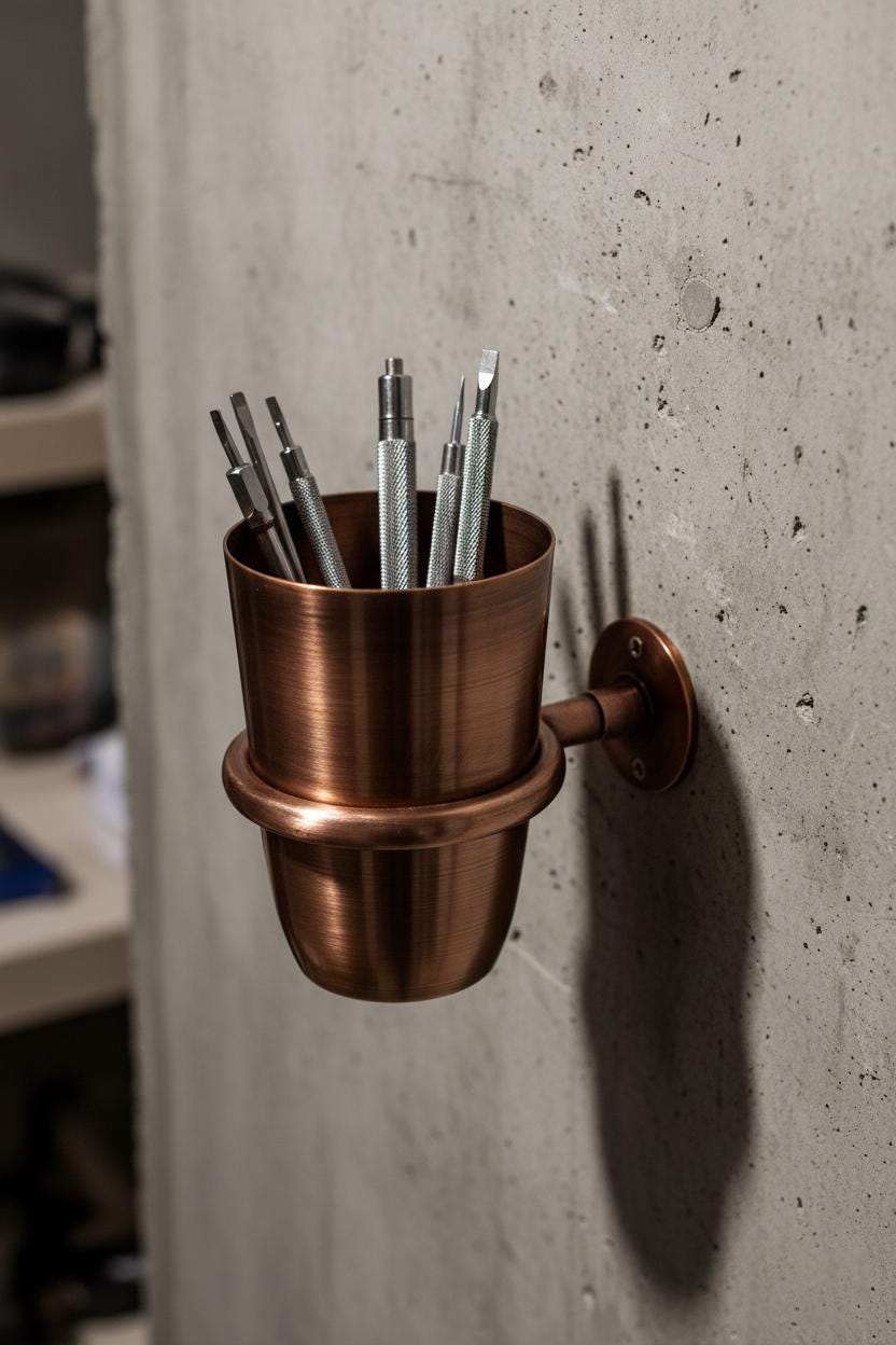 Bronze wall-mounted holder with tools on a concrete wall