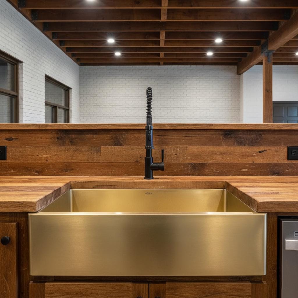 Modern kitchen with a gold sink and wooden countertop.