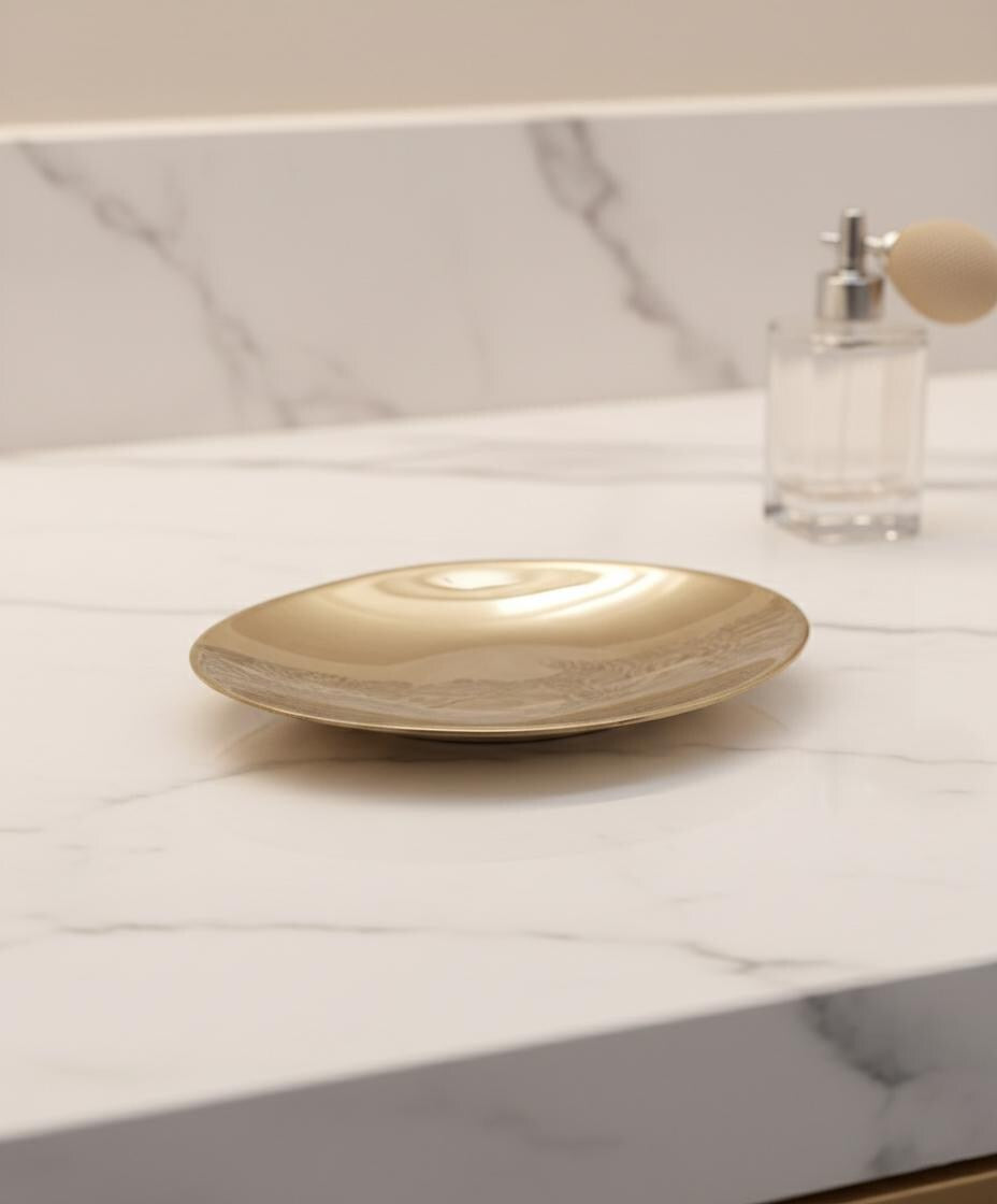 Beige ceramic plate on a marble surface with a spray bottle in the background