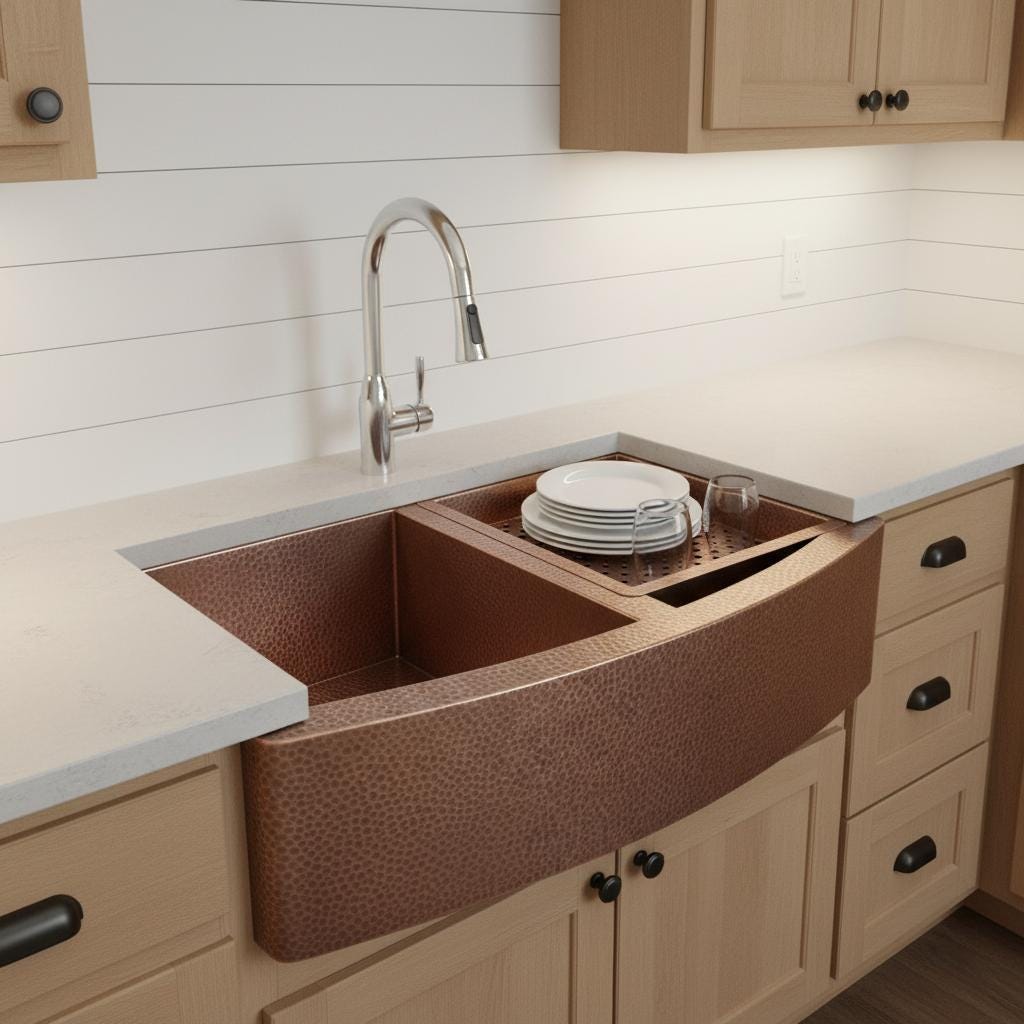 Brown farmhouse sink in a kitchen with white tiled wall and wooden cabinets.