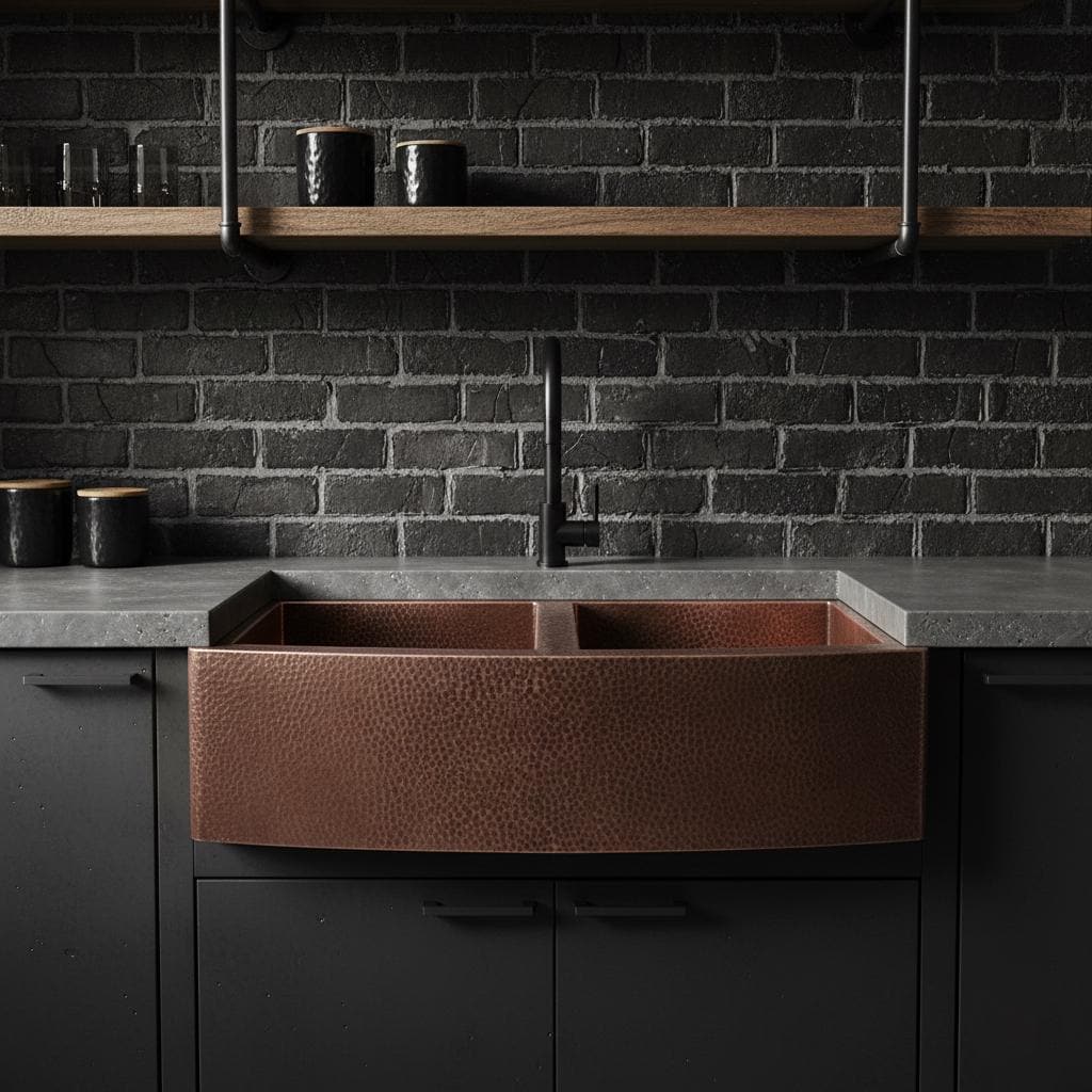 Brown farmhouse sink in a kitchen with dark brick wall and wooden shelves.
