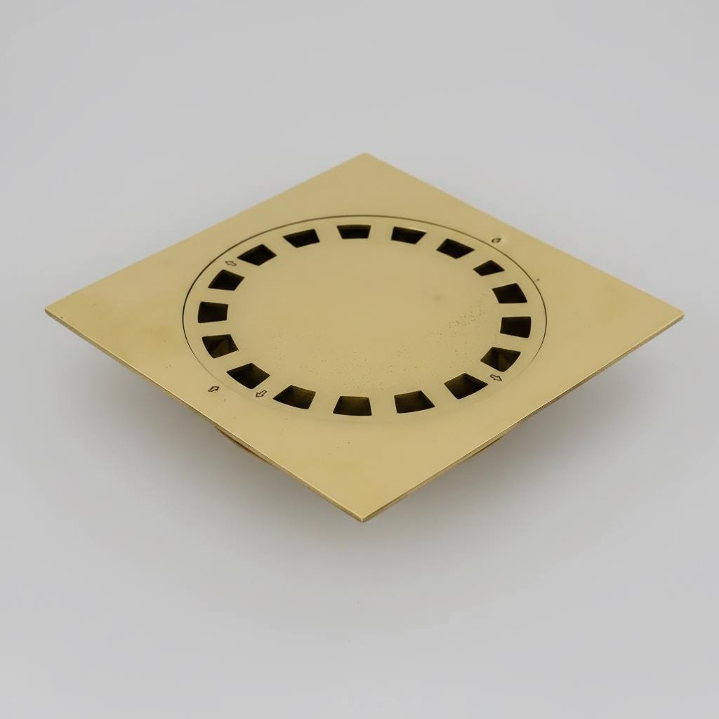 Gold-colored square drain cover with circular cutout on a white background