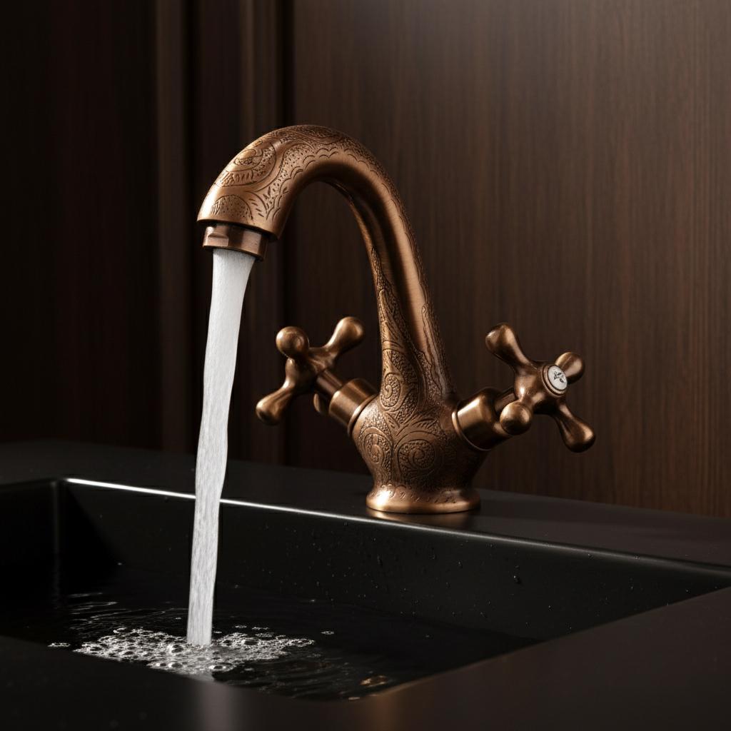 Bronze faucet with water flowing into a black sink against a dark background