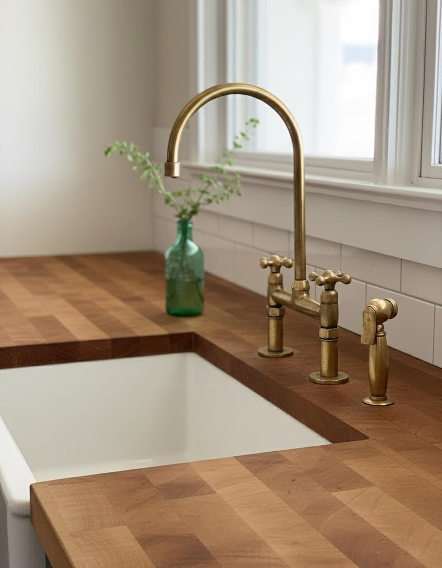 Kitchen sink with gold faucet and pipes on a wooden countertop.