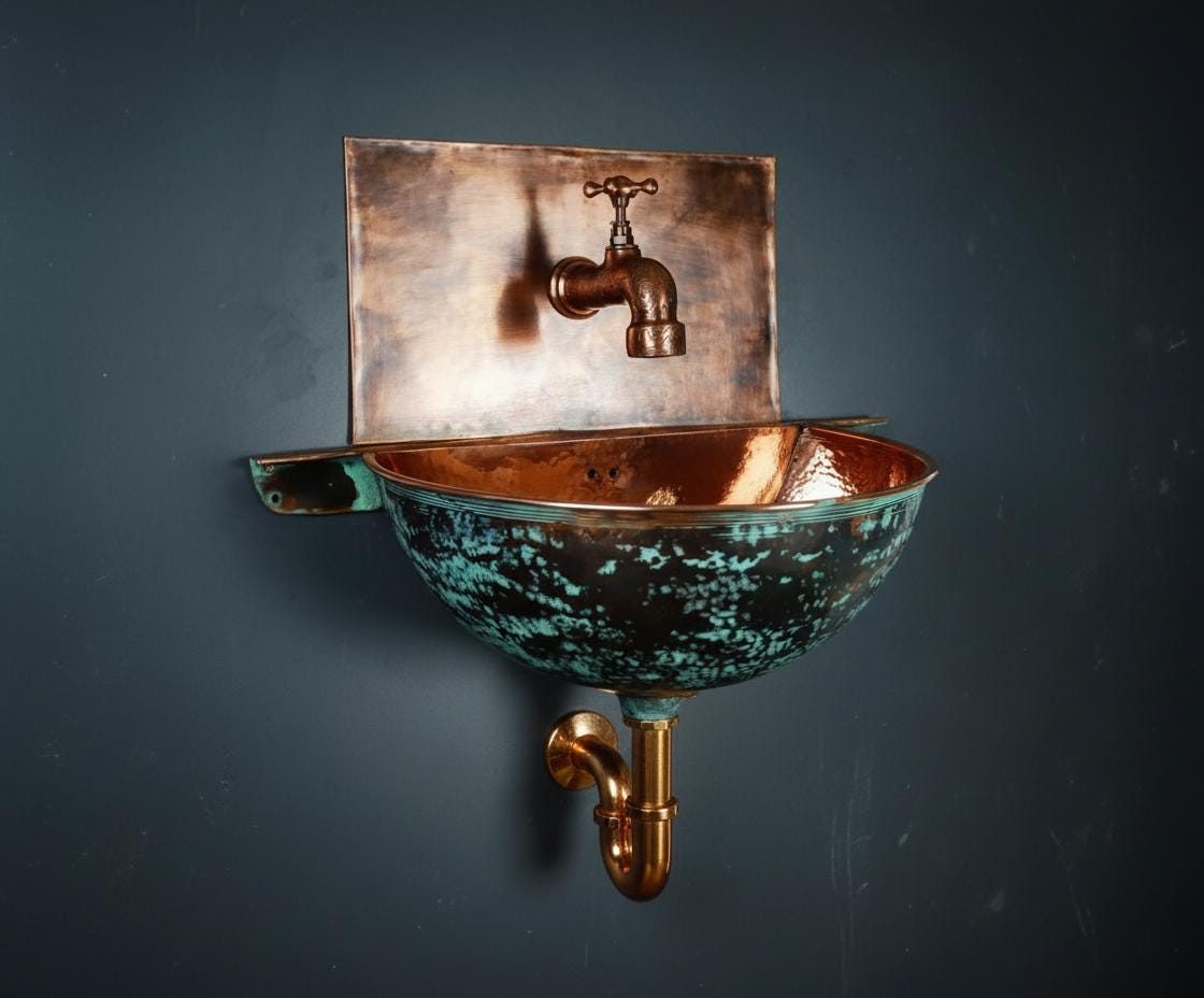 Vintage-style copper sink with faucet on a dark background