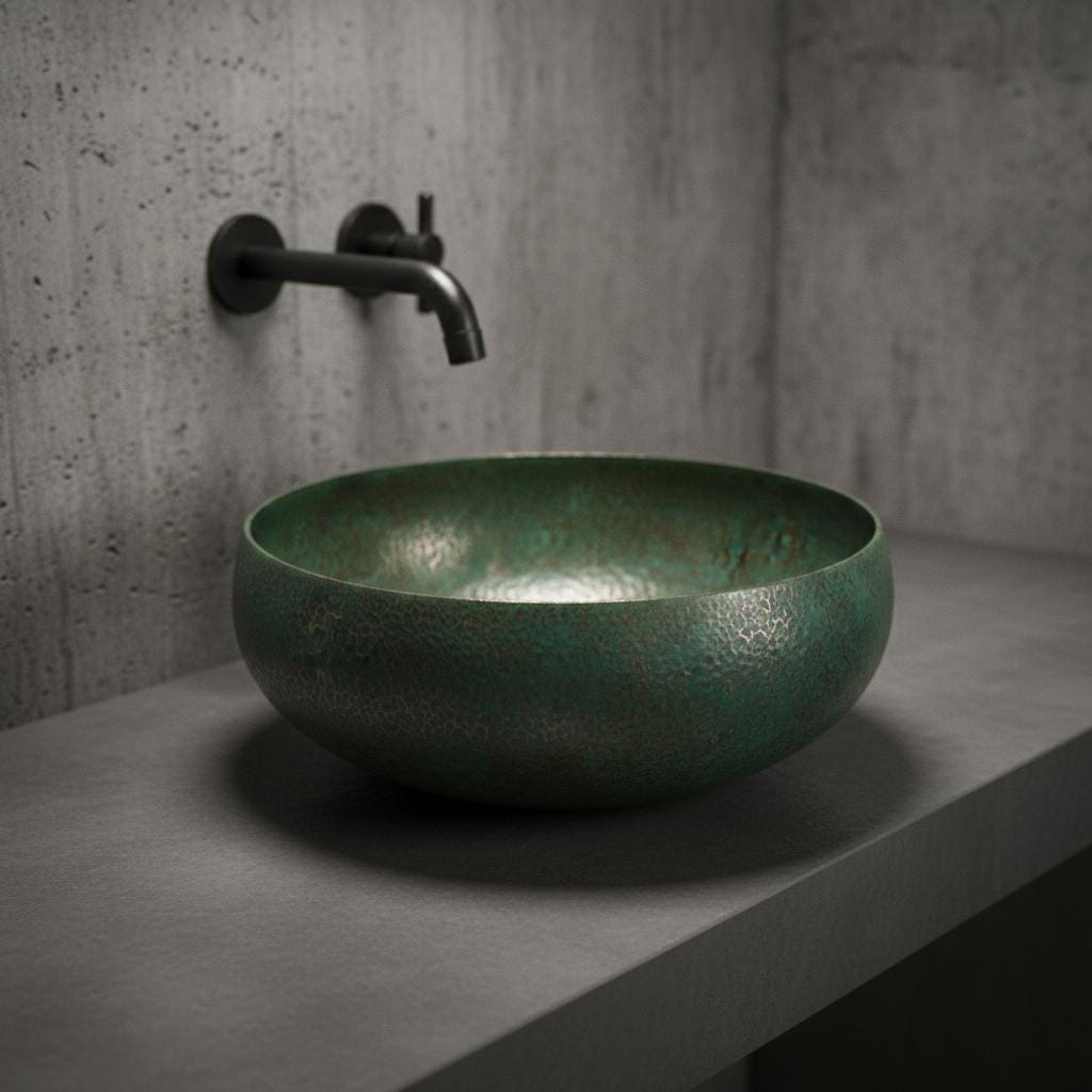 Green sink on a concrete countertop with a wall-mounted faucet.