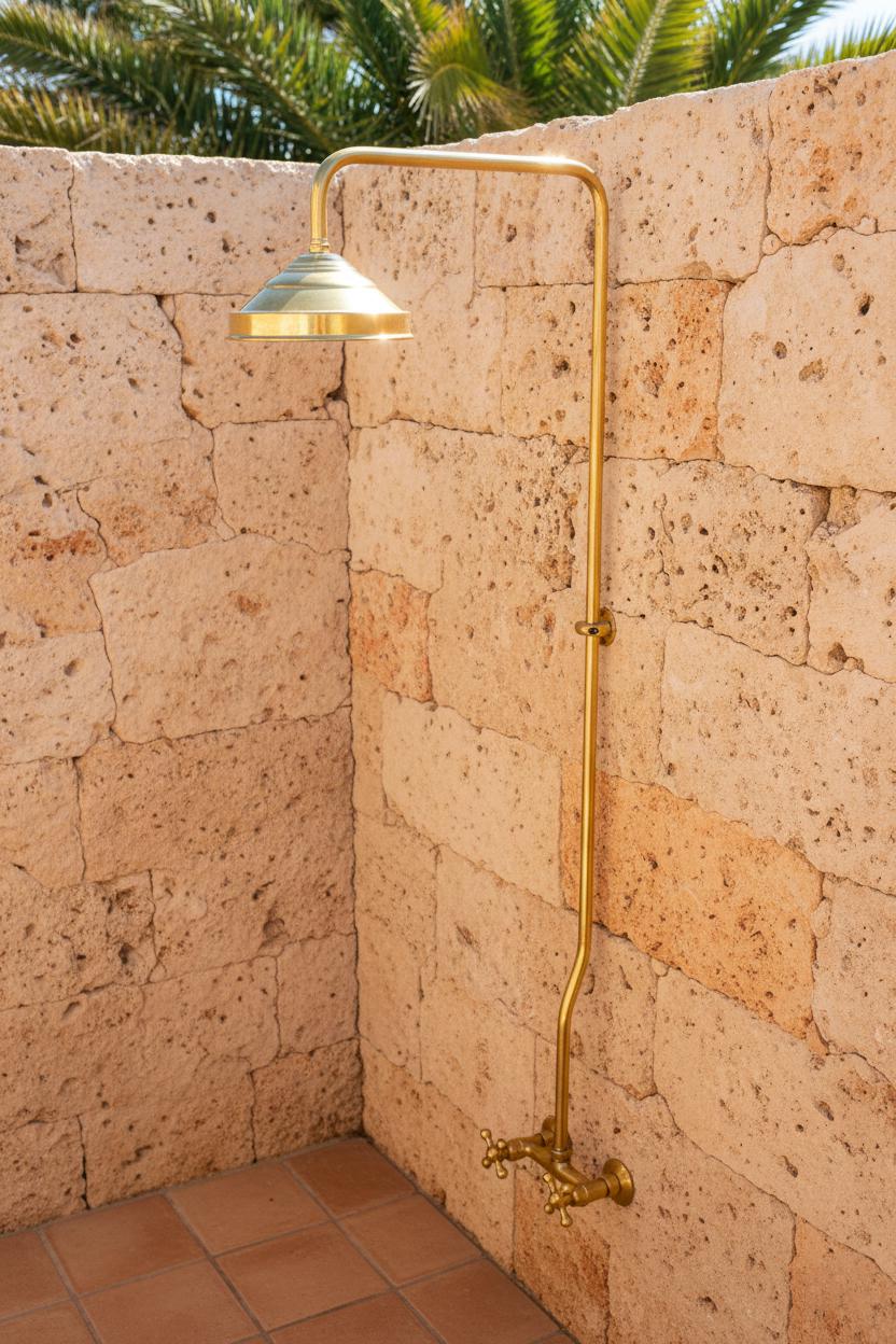Gold outdoor shower system mounted on a stone wall
