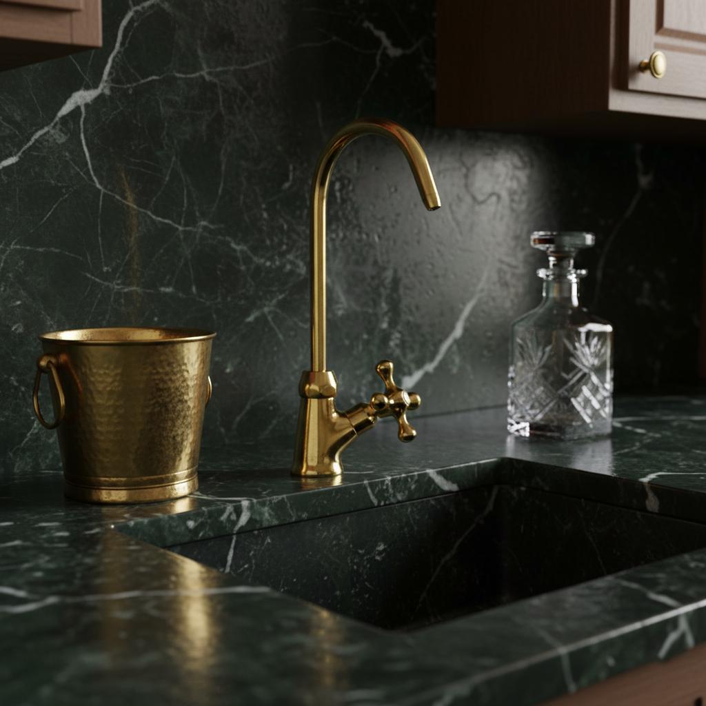 Gold faucet on a black marble countertop with a glass container and metal bucket.