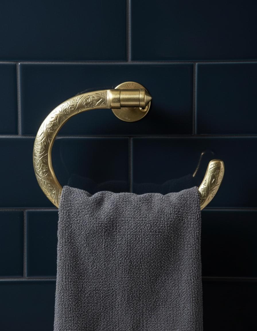 Gold towel ring with a gray towel on a dark blue tiled wall