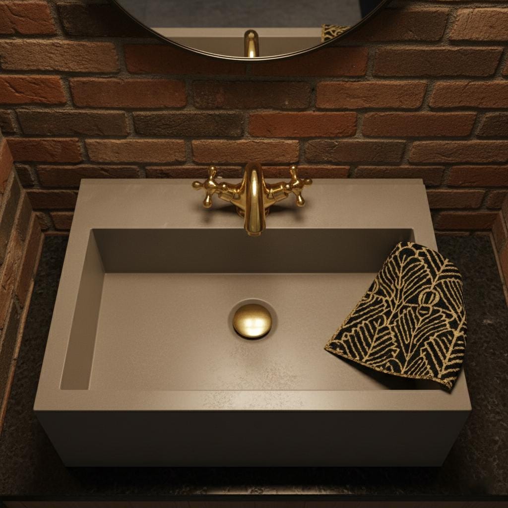 Bathroom sink with gold faucet and decorative towel on a brick wall background