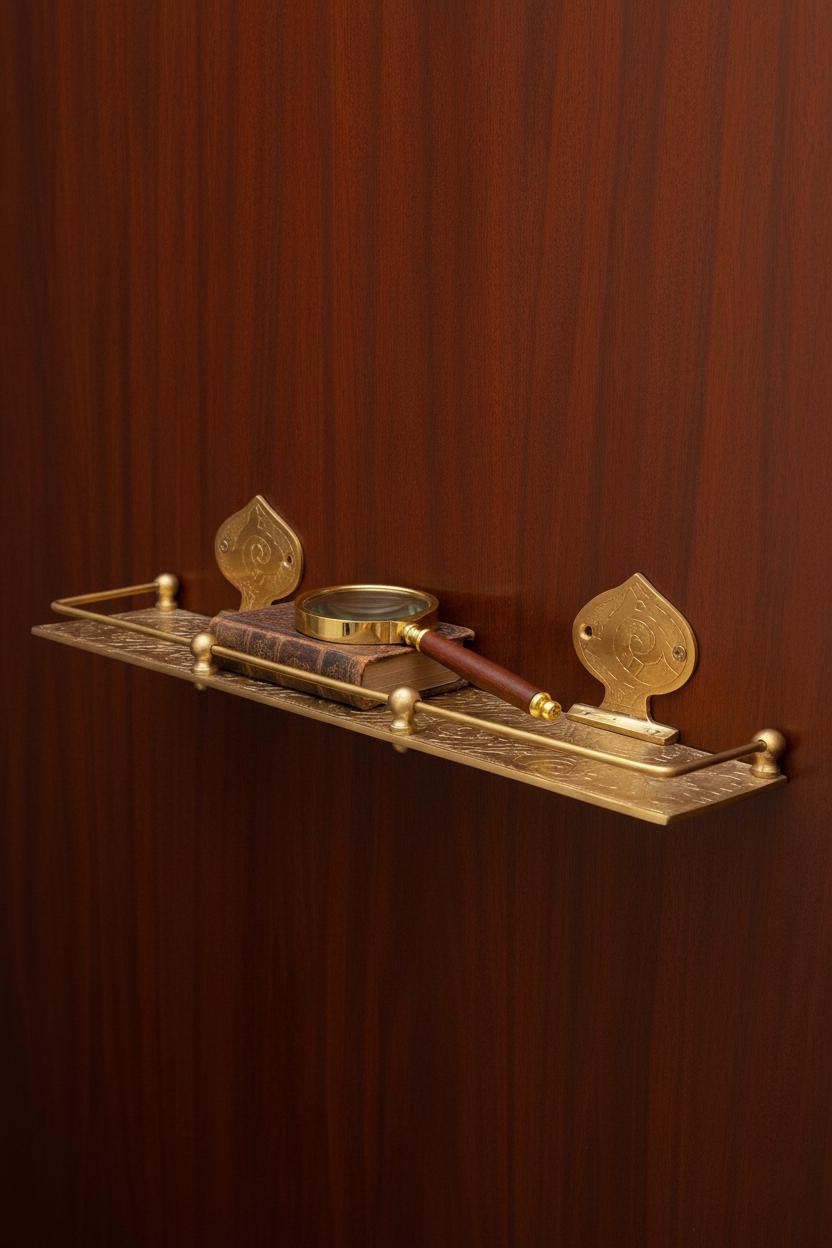 Decorative brass shelf with a magnifying glass on a wooden background