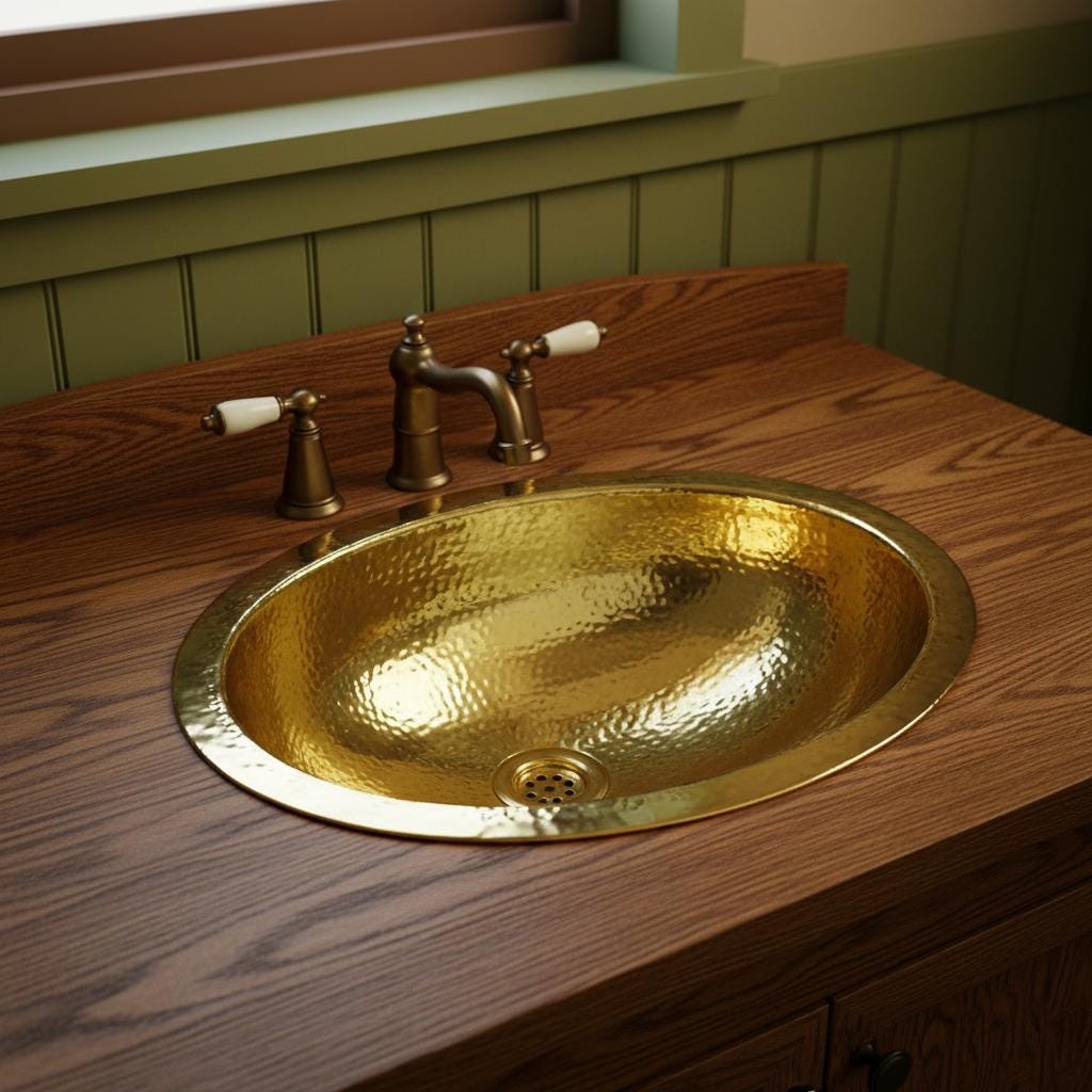 Gold sink with bronze faucet on a wooden countertop