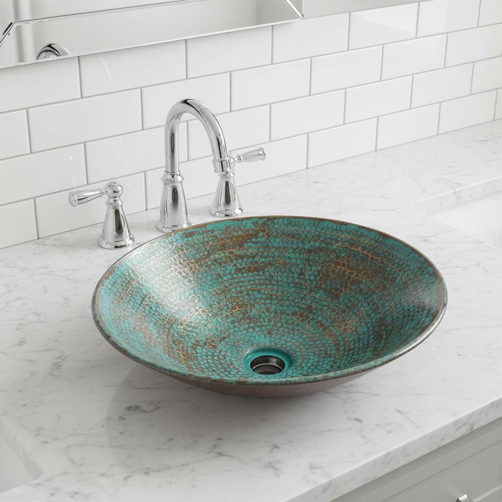 Teal glass sink on a marble countertop with a white tiled wall background