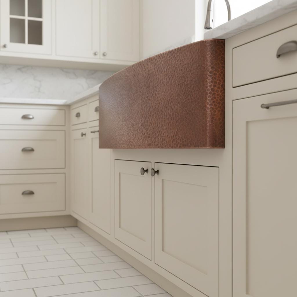 Kitchen with beige cabinets and a copper farmhouse sink.