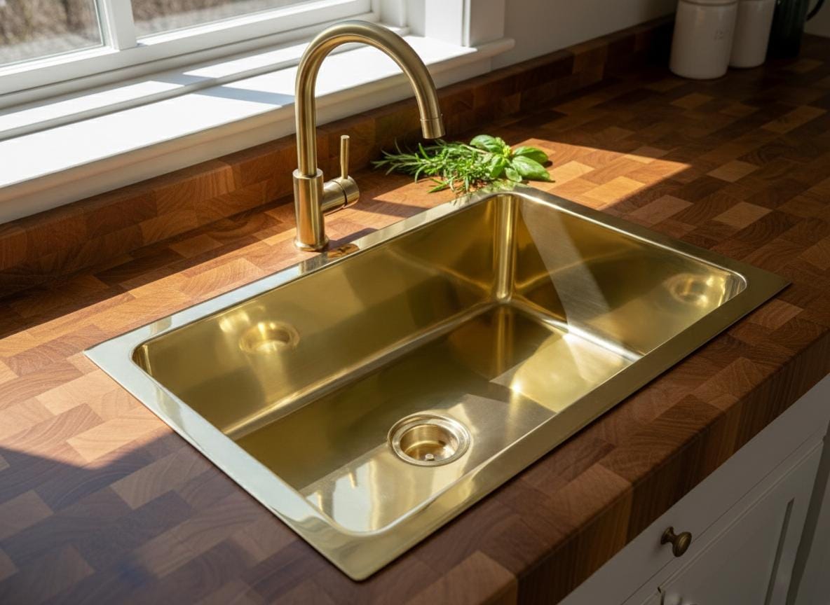 Gold kitchen sink with faucet on a wooden countertop