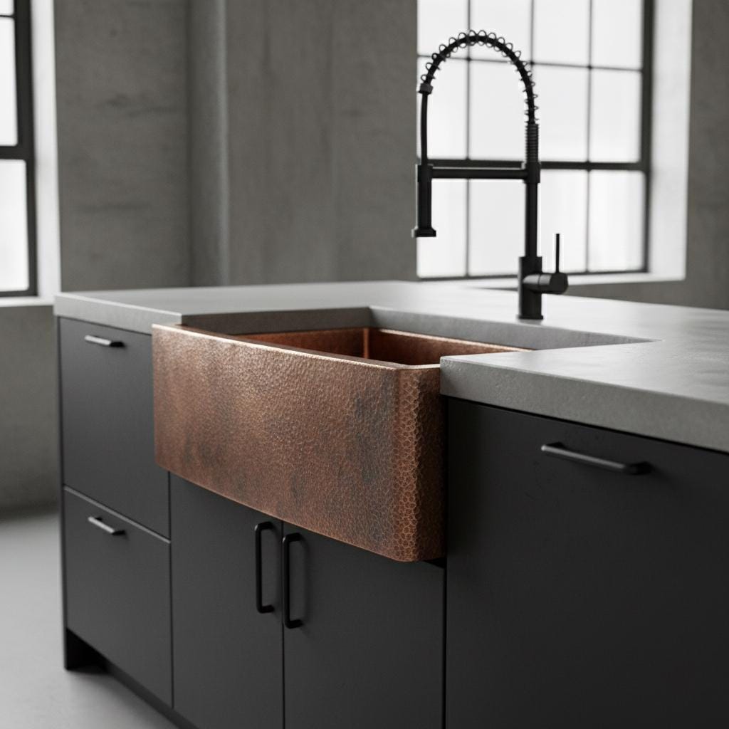 Copper farmhouse sink in a modern kitchen with black faucet and gray cabinets.