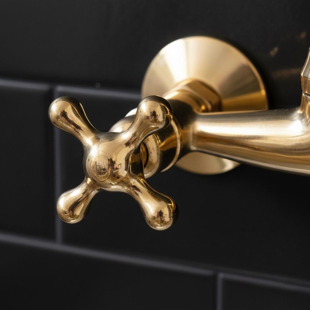 Gold faucet handle on a black background