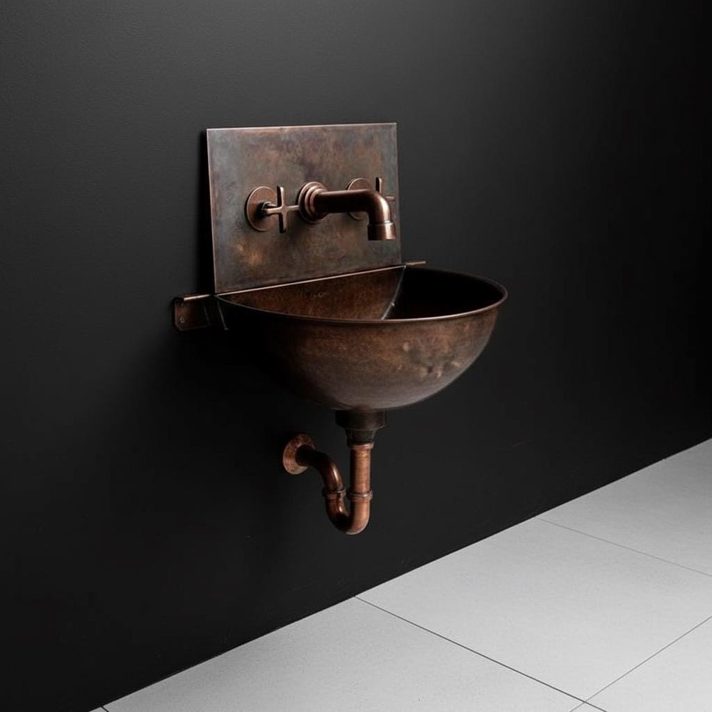 Rustic copper wall-mounted sink against a black wall with white floor.