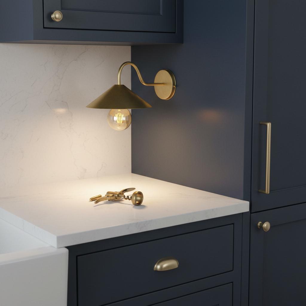 Modern kitchen setup with navy cabinets, white countertop, and gold fixtures.