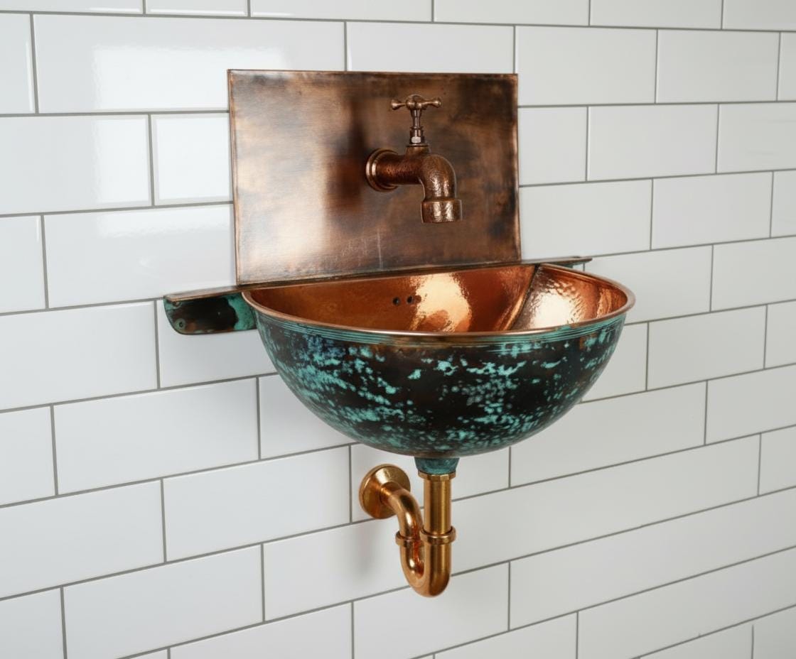 Wall-mounted copper sink with a textured bowl on a tiled wall background