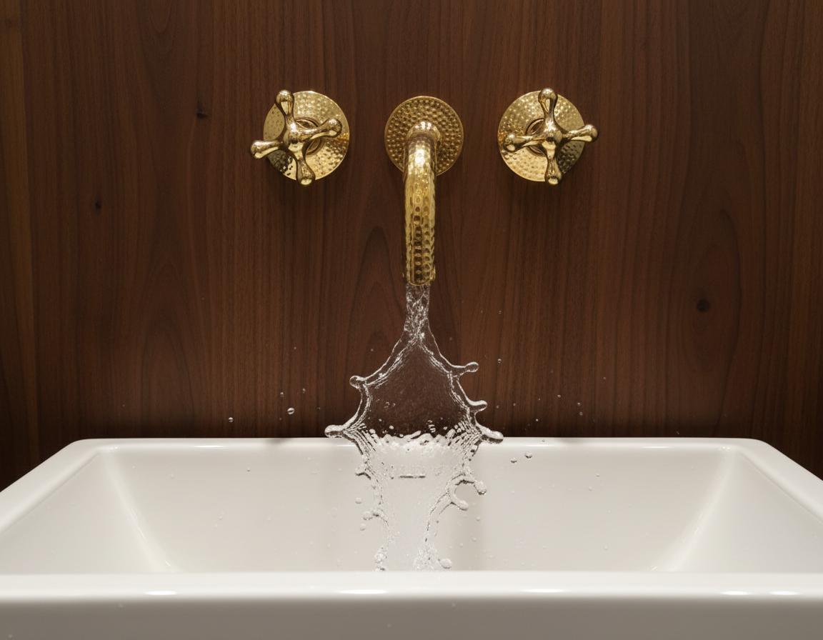 Gold faucet with water flowing into a white sink against a wooden wall.