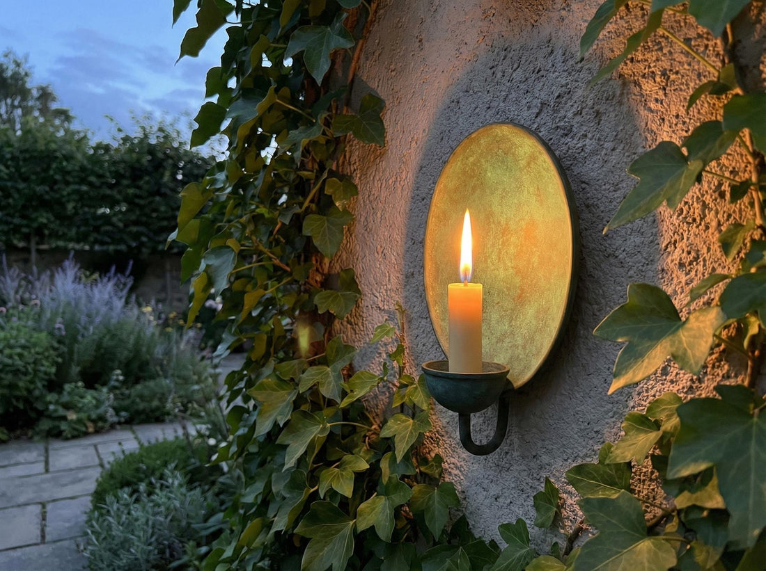 Decorative wall-mounted candle holder with a lit candle on a stone wall.