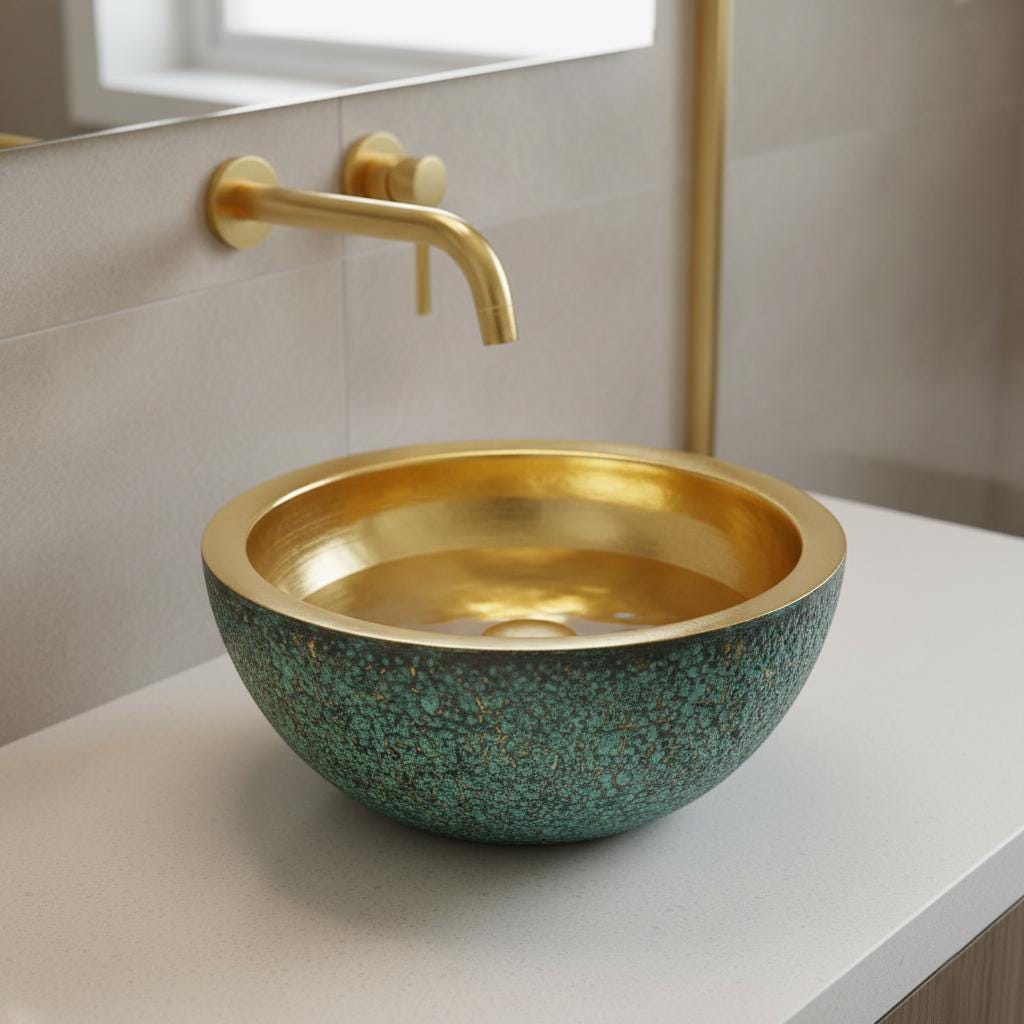 Gold and green speckled sink with gold faucet in a bathroom setting