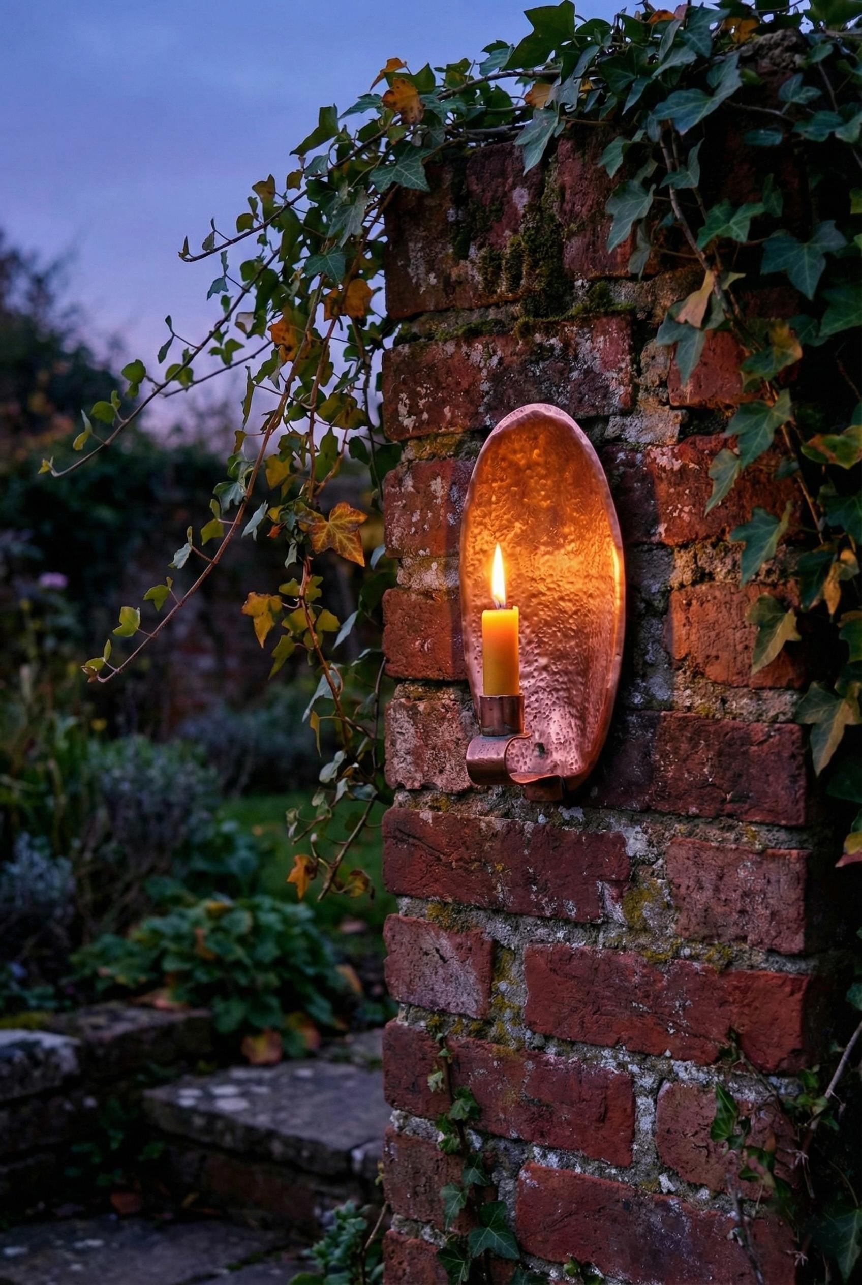 Candle in a brick wall niche with ivy, evening setting