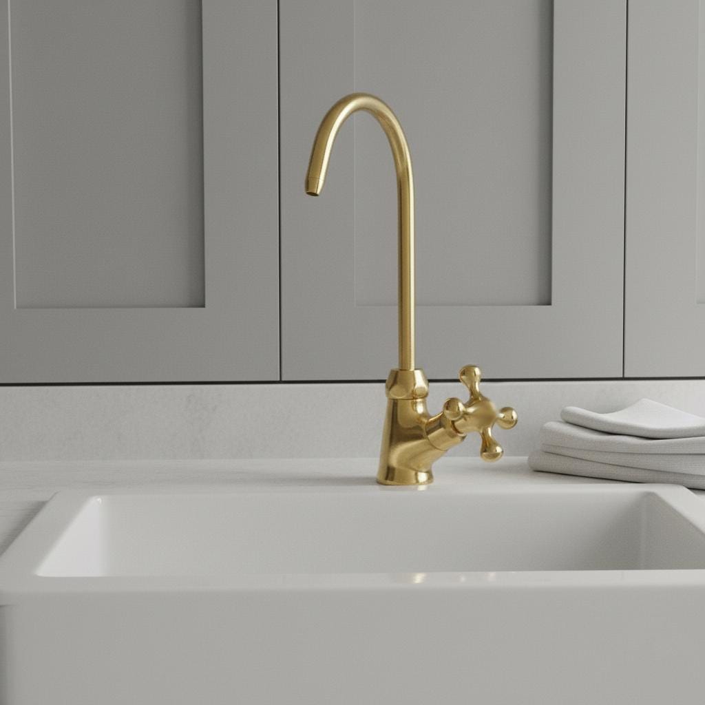 Gold kitchen faucet on a white countertop with a small plant in the background