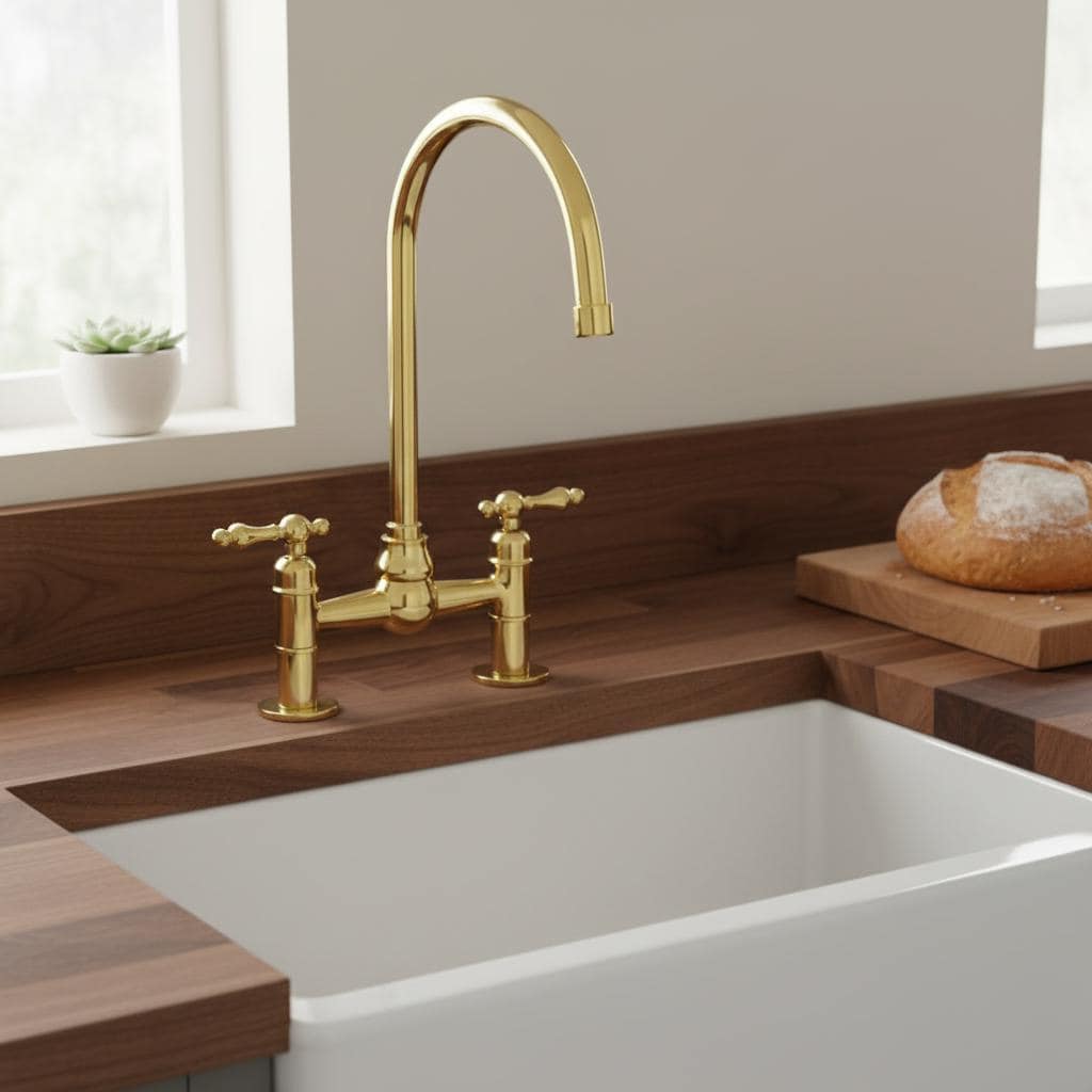 Gold kitchen faucet over a white sink with a wooden countertop and bread on a cutting board.